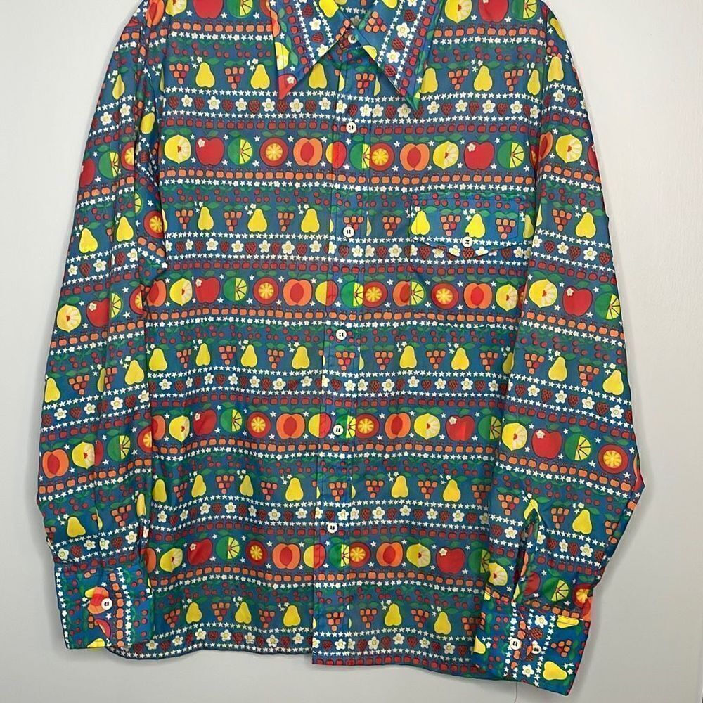 Vintage 1970’s Men’s Large Nylon Shirt Retro Fruit Pattern